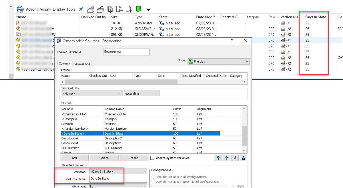 SOLIDWORKSCare's tweet photo. A cool new feature in SOLIDWORKS PDM 2023 SP1 is that you can add a column that shows how long a file has been in the current state!
#SOLIDWORKSPDM https://t.co/yYAyu7Tx53