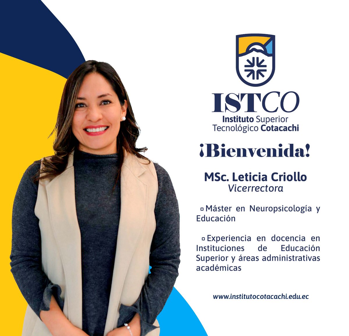 Recibimos a la MSc. Leticia Criollo con alegría y le auguramos éxitos en sus funciones como vicerrectora del <a href="/ISTCotacachi/">Instituto Superior Tecnológico Cotacachi</a>
Estamos seguros que su formación y experiencia aportarán al crecimiento de nuestra institución 📷