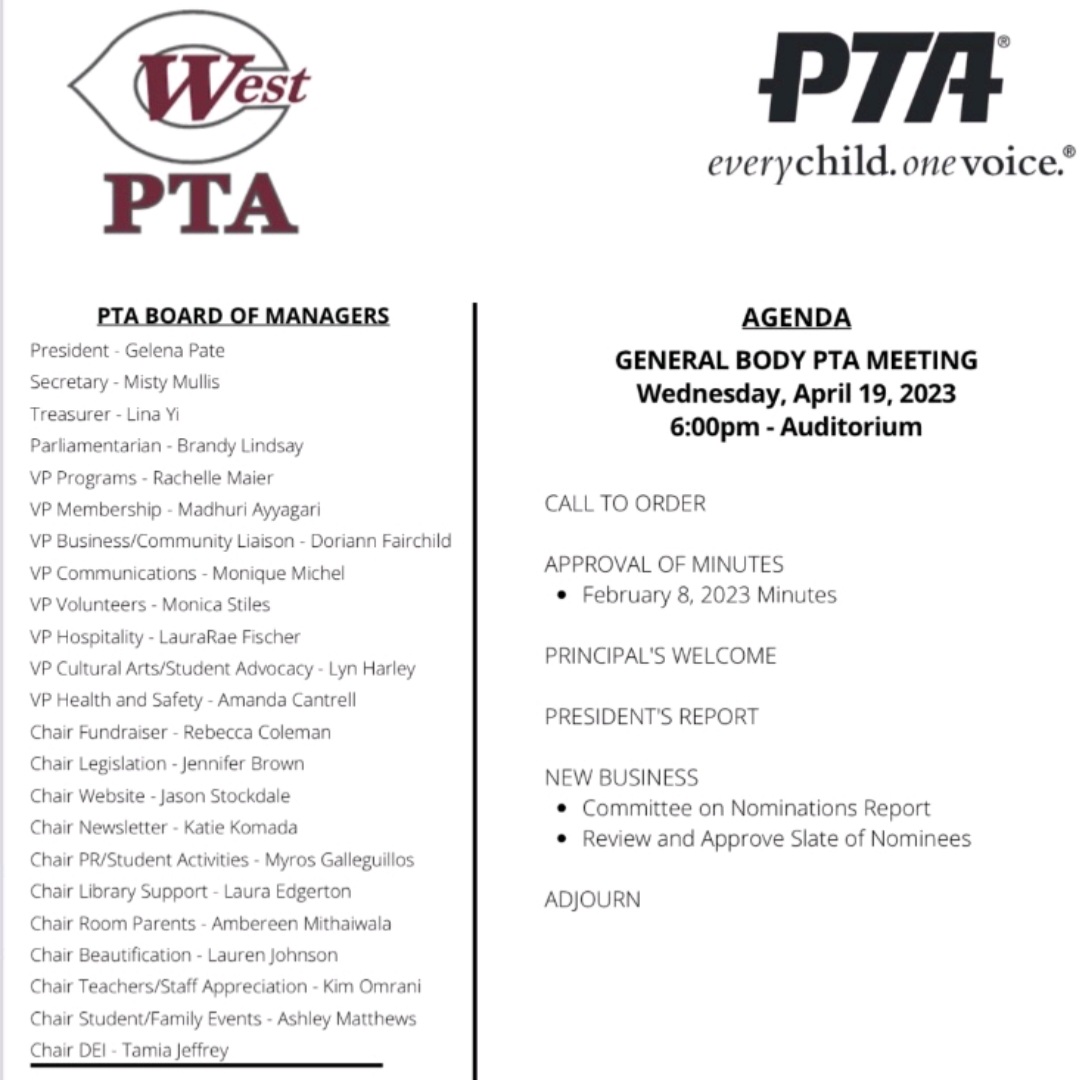 WestCMSPTA's tweet photo. PTA Meeting on Wednesday! 

#wcmspta #colliervilleschools https://t.co/D9N7GZWWNR