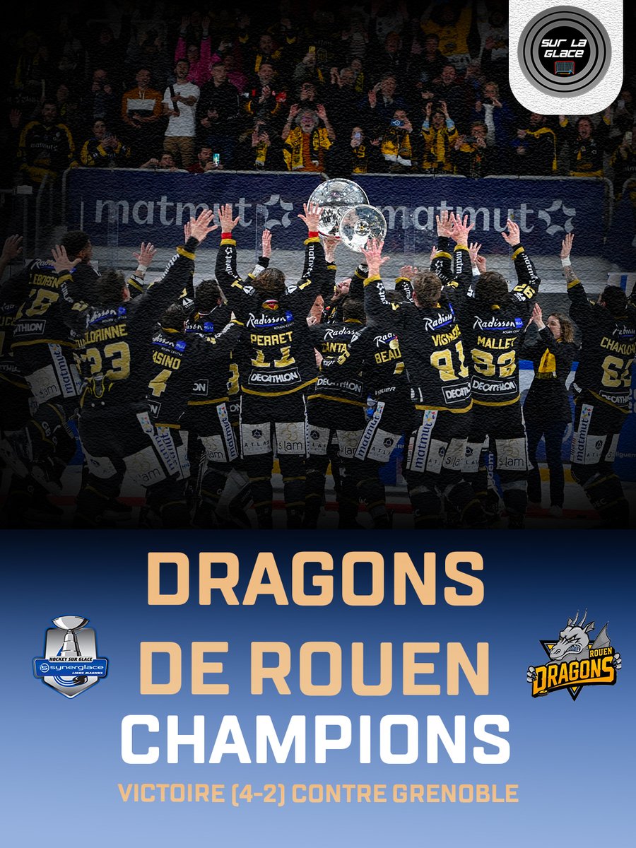 🏆🇫🇷Les Dragons de Rouen Champions !

Après être revenu de l'arrière 2-0 dans la série de la Finale de la Ligue Magnus, Rouen renverse Grenoble et gagne pour la 17e fois de leur histoire le titre de Champion en gagnant la série 4-2 !

#ROUGRE #SLMHockey