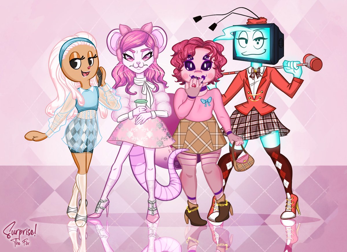 SurpriseTheFox's tweet photo. Here's the complete line-up of ￼Timmy0’s group of fierce and fabulous freaks! A very peculiar set of characters, and all looking like the popular girls they are! ❤ 

#creepycutecharacters #weirdfursona #unusualfursona #preppyfashion #girlylooks #surprisethefox https://t.co/oB2imJSV15