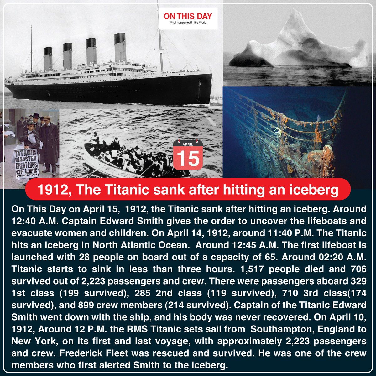 OnThisDayInWor1's tweet photo. #OnThisDay 1912, The Titanic sank after hitting an iceberg
#April15 #historytoday #in1912 #111yearsago #doyouknow #RMS #Titanic #voyage #FirstVoyage #LastVoyage #titanicsetssail #titanicsetssailfirstandlastvoyage #titanicsetssailfirstvoyage #RMSTitanic #Southampton #England https://t.co/WHf8tAUeGa