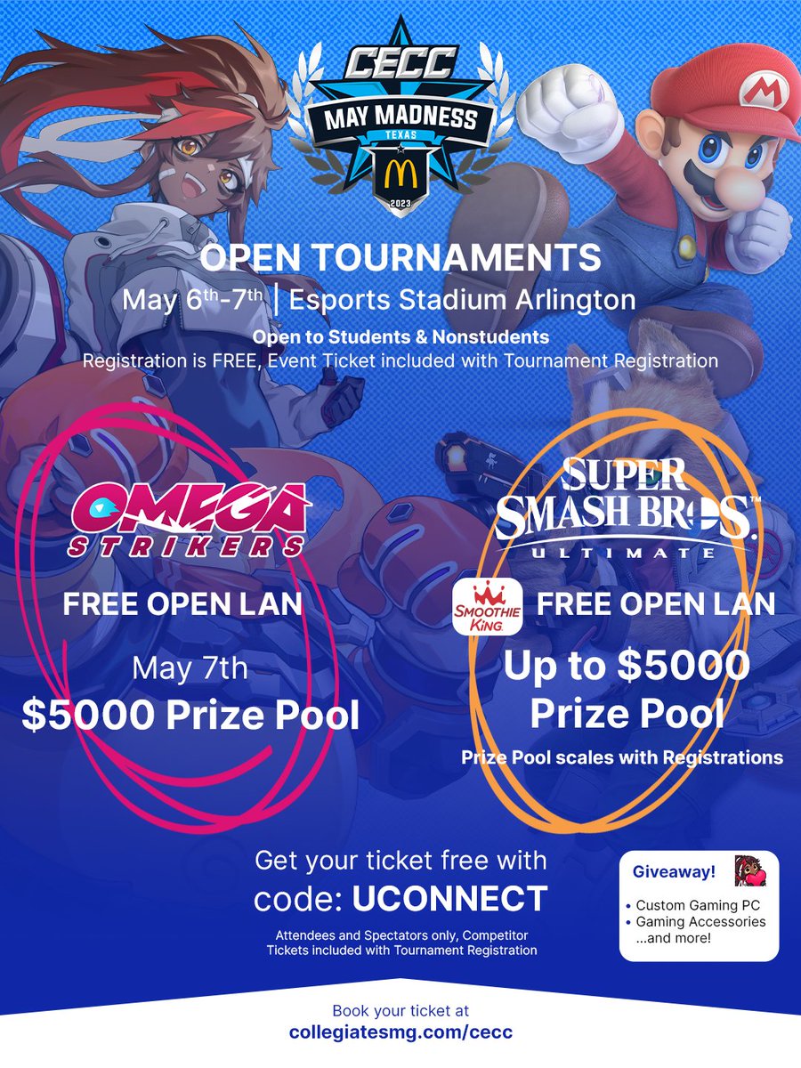 Oso Esports at Baylor University (@oso_esports) on Twitter photo We're excited to invite you to #CECCTexas2023 at
<a href="/EsportsStadium/">Esports Stadium Arlington</a>!
64 teams flying out, as well as two FREE open LANs, May 6-7!
#SSBU Registration: bit.ly/3KBulkY
<a href="/PlayOmega/">Omega Strikers</a> Registration: bit.ly/40bGVNw
FREE Tickets w/ code UCONNECT: http://bit.ly41x2BEX We're excited to invite you to #CECCTexas2023 at
<a href="/EsportsStadium/">Esports Stadium Arlington</a>!
64 teams flying out, as well as two FREE open LANs, May 6-7!
#SSBU Registration: bit.ly/3KBulkY
<a href="/PlayOmega/">Omega Strikers</a> Registration: bit.ly/40bGVNw
FREE Tickets w/ code UCONNECT: http://bit.ly41x2BEX