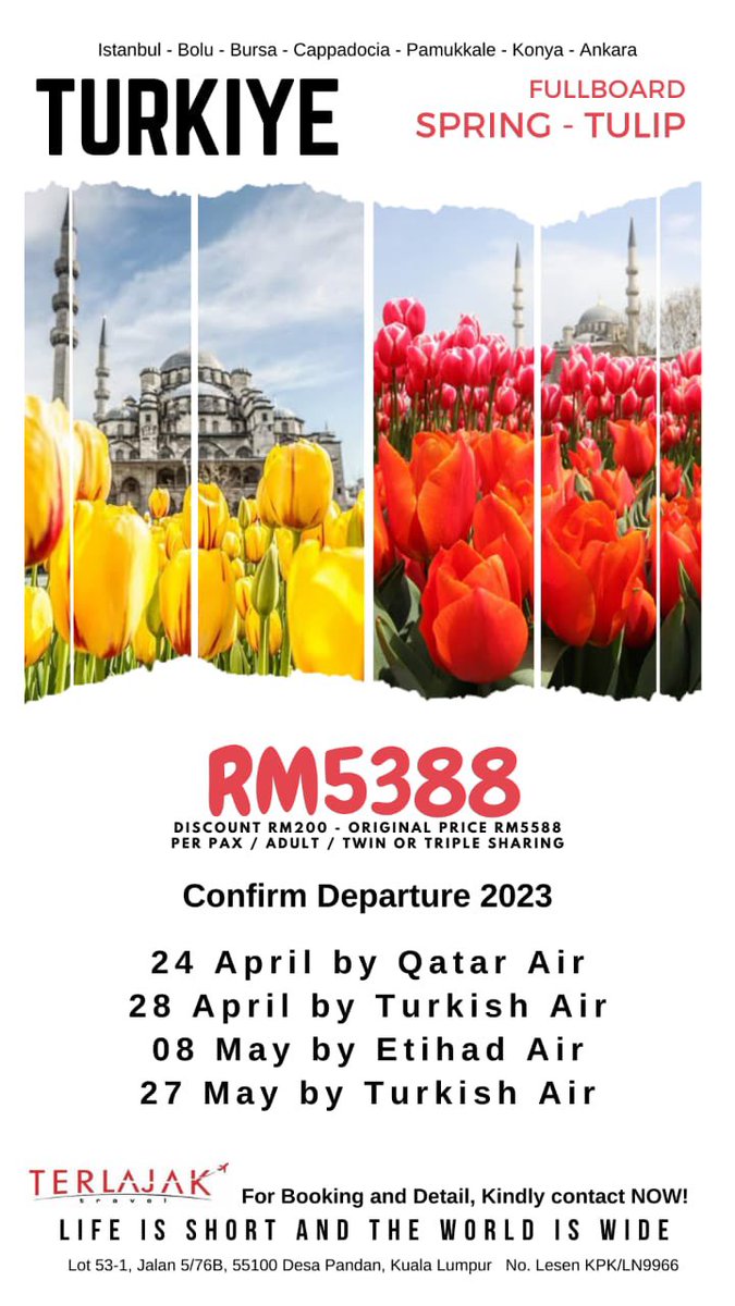 Pakej ke Turkey masa cuti sekolah. RM5388/pax . Confirm Departure 27 May 2023. Deposit RM500 terus dapat tiket. #pakejturkey #musimbunga #terlajaktravel #tsmtravel