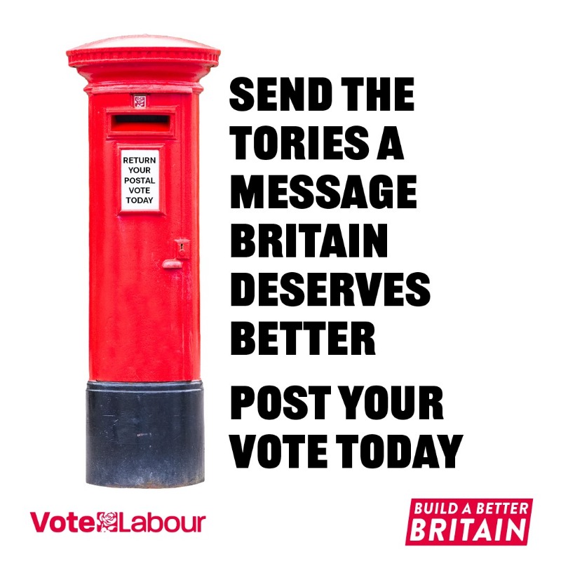 UKLabour's tweet photo. 📣 Registered for a postal vote? It should be arriving soon.

Return your postal vote for Labour today.

Building a better Britain starts today. 

Vote Labour.