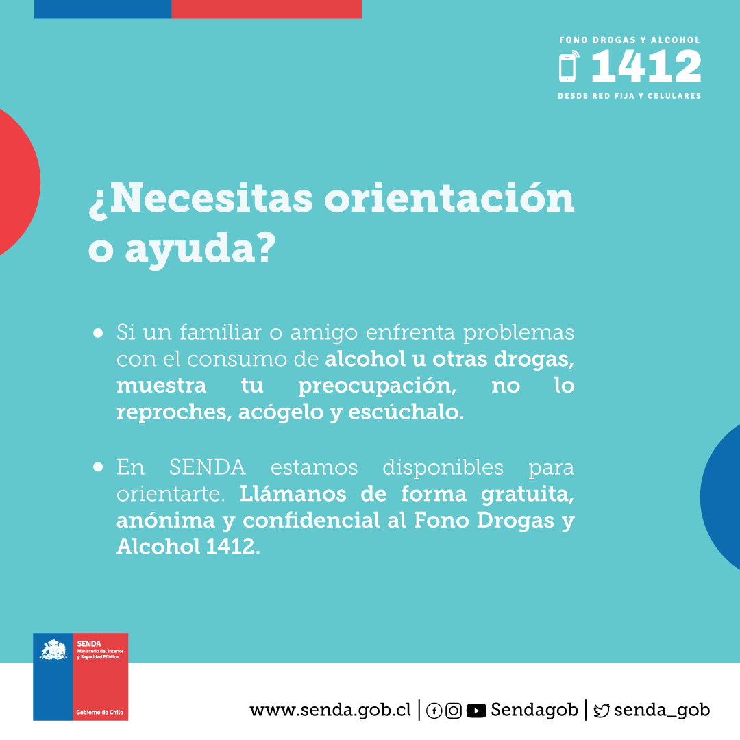 ¡Recuerda! ☝

Nuestro Fono Drogas y Alcohol 1412, atiende de forma gratuita, confidencial y anónima.

Si necesitas ayuda u orientación, no dudes en contactarnos 📲🙌
