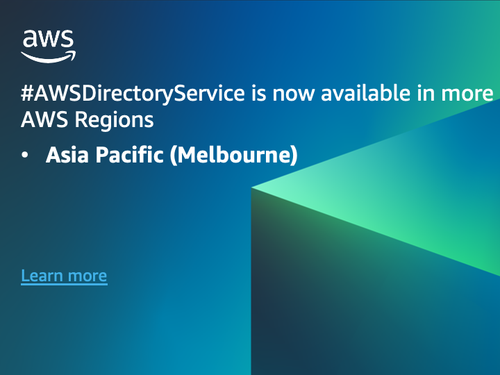 AWSIdentity's tweet photo. New! #AWSDirectoryService for #AWSManagedAD and Active Directory Connector is now available in the Asia Pacific (Melbourne) Region.
https://t.co/7Vrush09oo https://t.co/zybxyinwVo