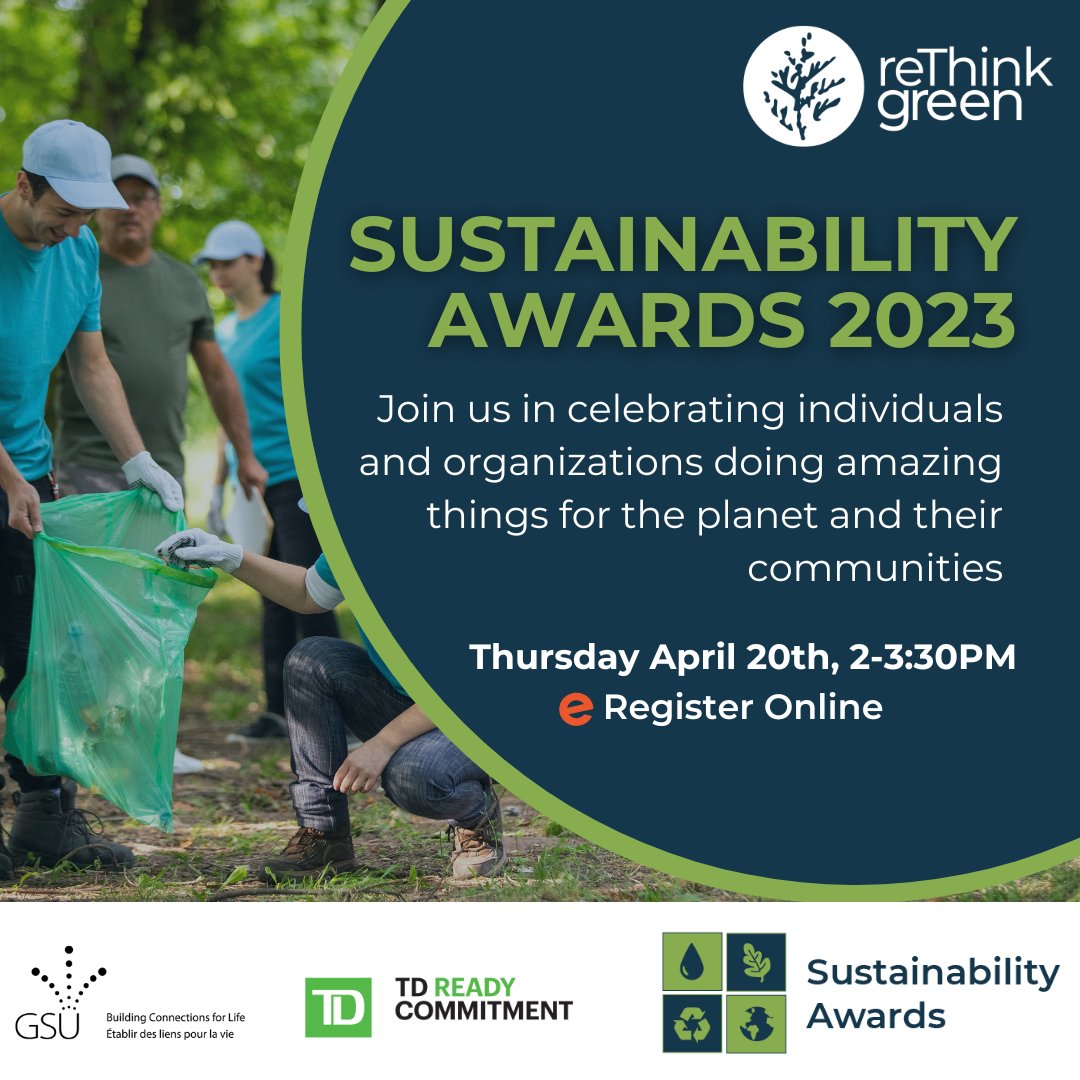 ReThink Green's 2023 Sustainability Awards are less than a week away!! 

Join us online from 2-3:30pm on Thursday, April 20th!

Register at: eventbrite.ca/e/sustainabili…

#earthday #sudburyevents #sustainablebusiness
