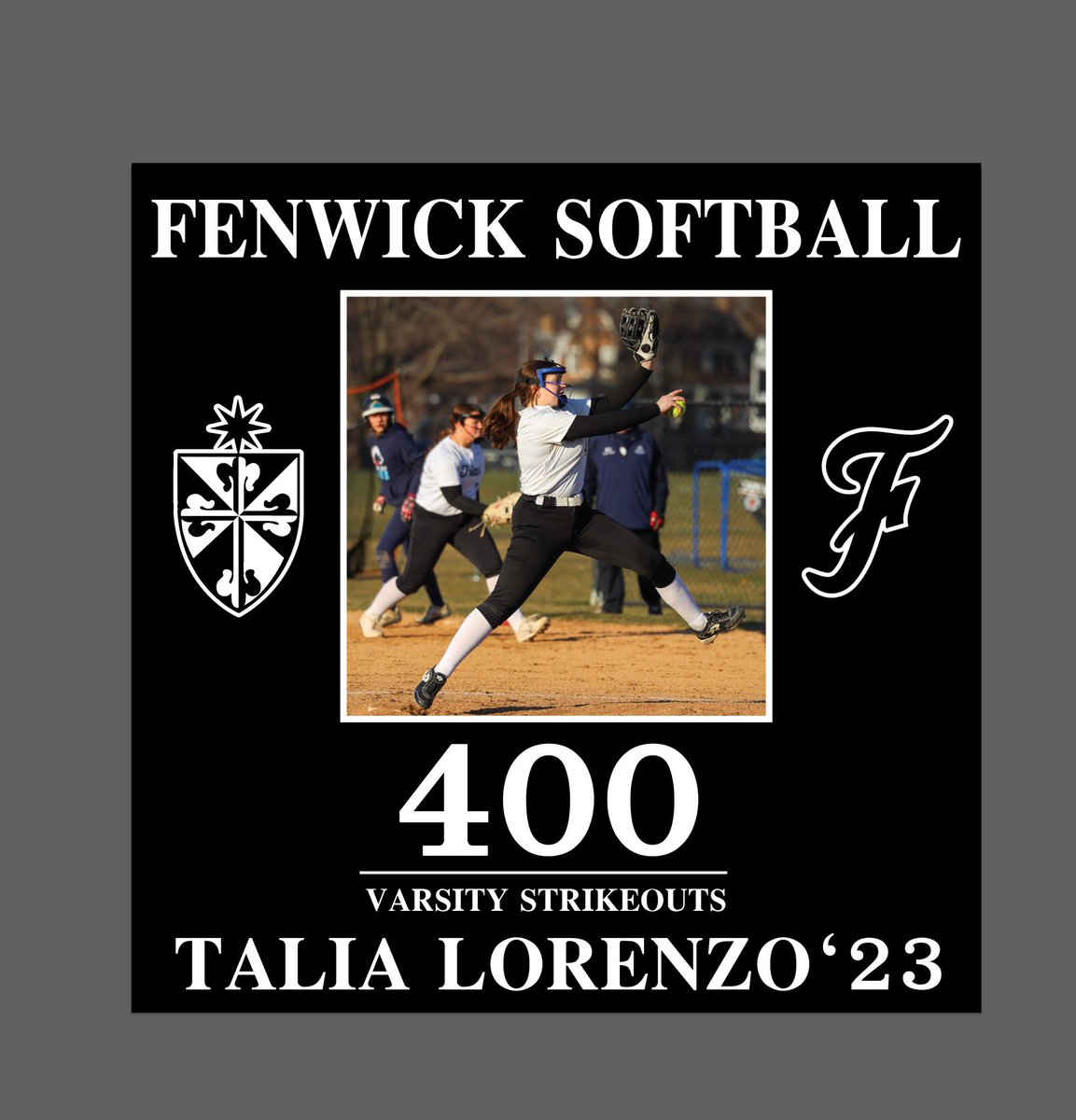 Congratulations @TaliaLorenzo on 400 #strikeouts as a Fenwick Friar! We applaud your commitment &amp; dedication to Fenwick Friars Softball. Talia’s additional achievements as a <a href="/fenwickfriars/">Fenwick High School</a> include a ‘No-Hitter’ &amp; a ‘Perfect Game’ in the Spring Season of 2022 <a href="/FenwickAD/">Fenwick Athletics</a> #FriarUp
