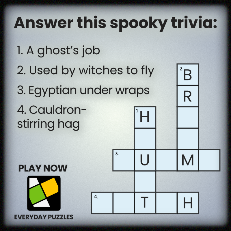 EverydayPuzzles's tweet photo. Step into the darkness and face our spooky crossword challenge! 💀 Can you solve the clues and uncover the hidden words? #spooky #crossword #challenge #manygames
