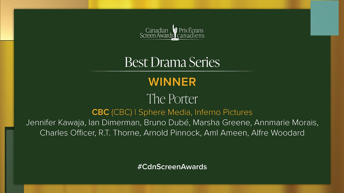 TheCdnAcademy's tweet photo. The winner for Best Drama Series is “The Porter.” Congratulations to the whole team! @CBC @CBC_Publicity #CdnScreenAwards https://t.co/go9lorjQmD