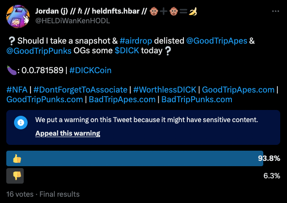 HELDiWanKenHODL's tweet photo. ๐๐โ
@GoodTripApes & @GoodTripPunks OGs ๐
Please #DontForgetToASSociate:
๐: 0.0.781589 | #DICKCoin | $DICK
๐ธ Snapshot โก๏ธ๐โ
https://t.co/f7YSkpFGBI | https://t.co/b5LL6rmAEy
https://t.co/P0YeXx4xGO | https://t.co/H2QXCcw1XH https://t.co/Kmg7NUWDz9