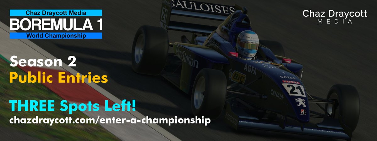 Before we say goodnight, may I remind you that there's still THREE SPOTS left in Season 2 of the CDM Boremula 1 World Championship on <a href="/iRacing/">iRacing</a>? 👀

Mandatory Pre-Season Testing takes place on Wednesday night!
