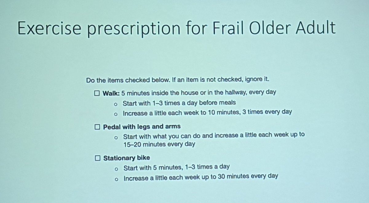 evanchong's tweet photo. Exercise prescriptions for the frail older adult! More diabetes pearls from Dr. Sarah Sy. Tweeting for future reference :) @CanGeriSoc #CGS2023 https://t.co/6DpeiJaq9E