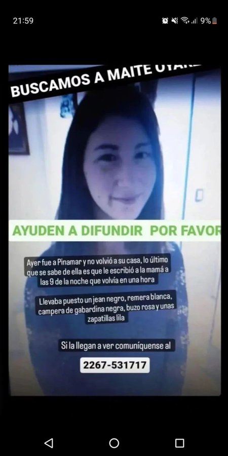 Maite Naomi Oyarzo desapareció el 13/4 en Villa Gesell, provincia de Buenos Aires. Vestía campera de gabardina negra, buzo rosa, remera blanca y zapatillas lila. Por favor compartir, y si la ven avisar #URGENTE al☎️ 2267-531717, o al 911  

#VillaGesell #BuenosAires