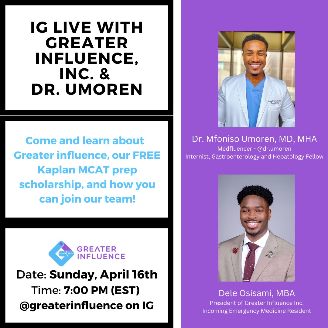 Join use THIS Sunday @ 7pm EST for our Instagram Live w/ Dr. Umoren. Learn more about the org, how you can join our team, and our FREE Kaplan MCAT Prep Scholarship. Hope to see you there!
