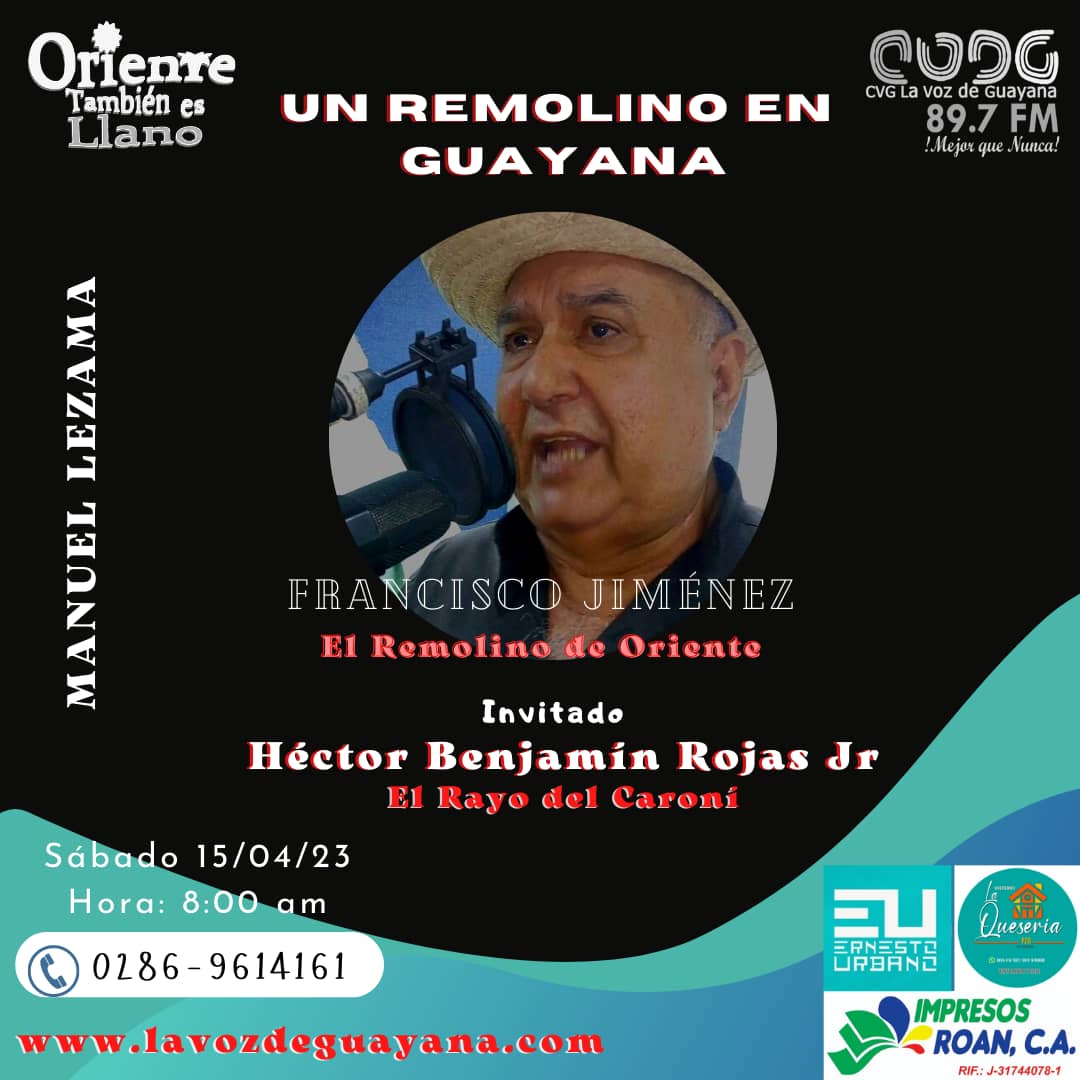OrientesLlano's tweet photo. Mañana sábado 15 tendremos como invitado en el programa Oriente También es Llano a Francisco Jiménez el Remolino de Oriente y a su ahijado Héctor Benjamín Rojas JR el Rayo del Caroní. No te lo pierdas por CVG la Voz de Guayana 89.7 fm  o www https://t.co/uGHNazZcRQ https://t.co/ecIQGcZOYy