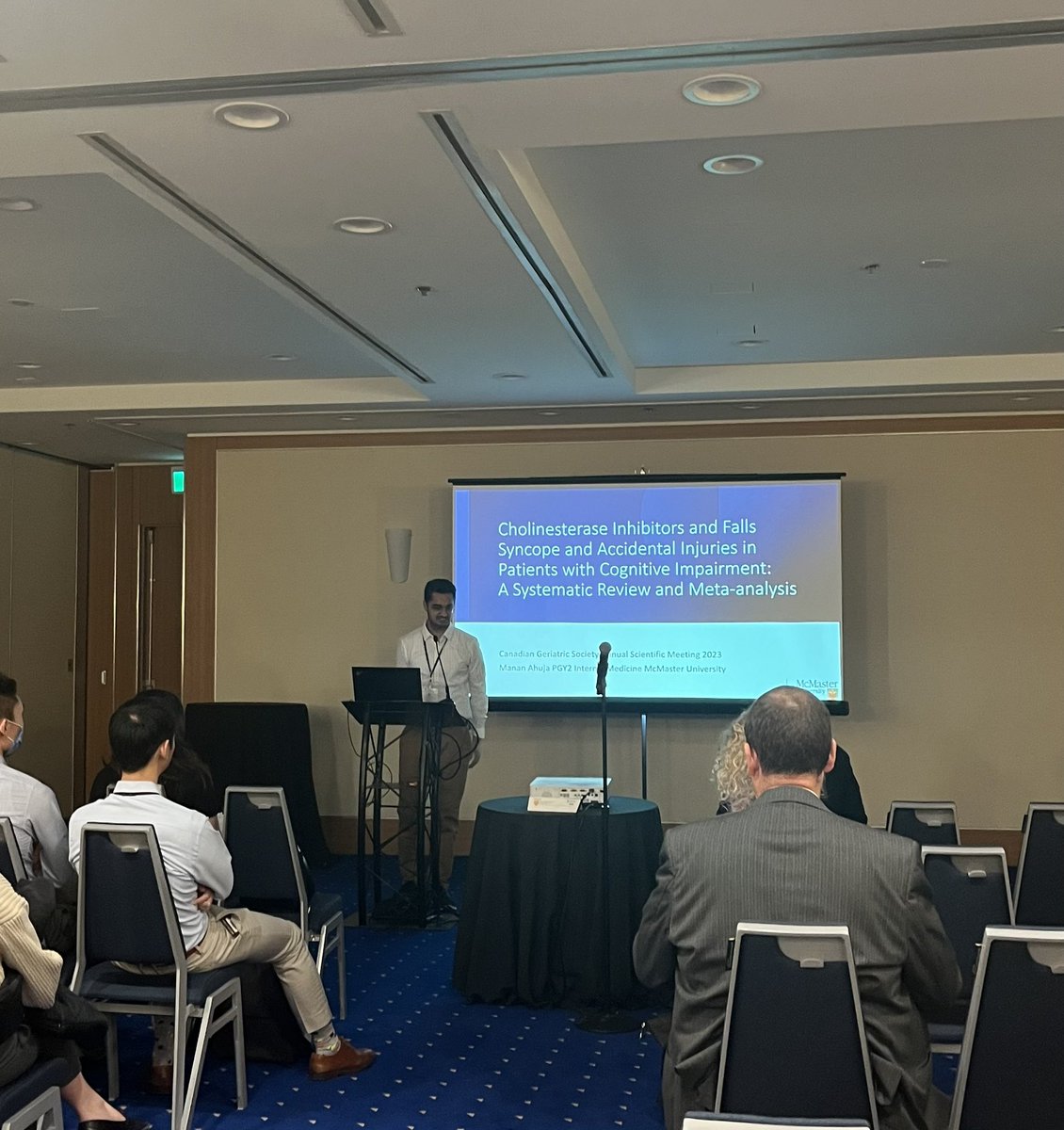 ChristinaReppas's tweet photo. Dr @MananAhuja12 of @McMasterIntMed presenting a systematic review of the association b/w cholinesterase inhibitors and falls, syncope and falls related injuries!

Excellent work by a rising star in geriatrics!! @CanGeriSoc #CGS2023 https://t.co/PAdVtqVpyx