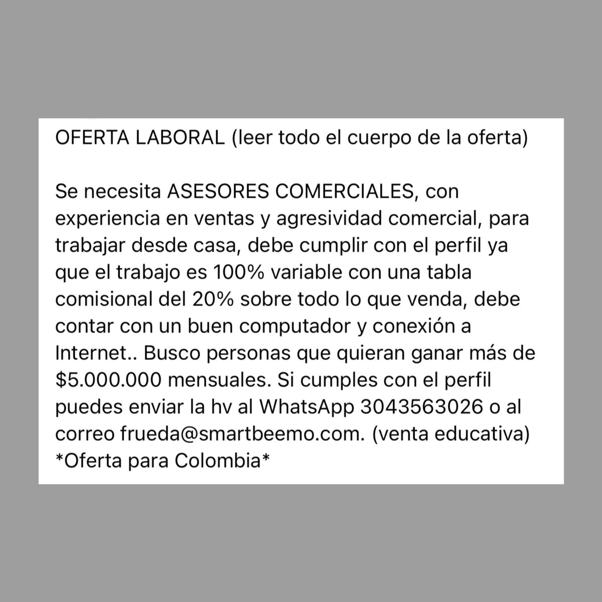 NoMasSmartbeemo's tweet photo. Vergonzoso ver las ofertas laborales de #Smartbeemo, donde la gente apenas gana el mínimo y tiene que trabajar horas extras sin garantías laborales. ¿Dónde está la justicia y el respeto por los derechos de los trabajadores? No le mientan a las personas. #VendeHumo https://t.co/7vRKQpm4MX