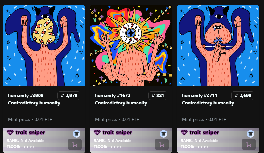 蹲了一晚的项目 <a href="/humanity_NFT_/">Contradictory humanity(Sold Out)</a>  只打了一个号
这图太爱了 艺术不可阻挡