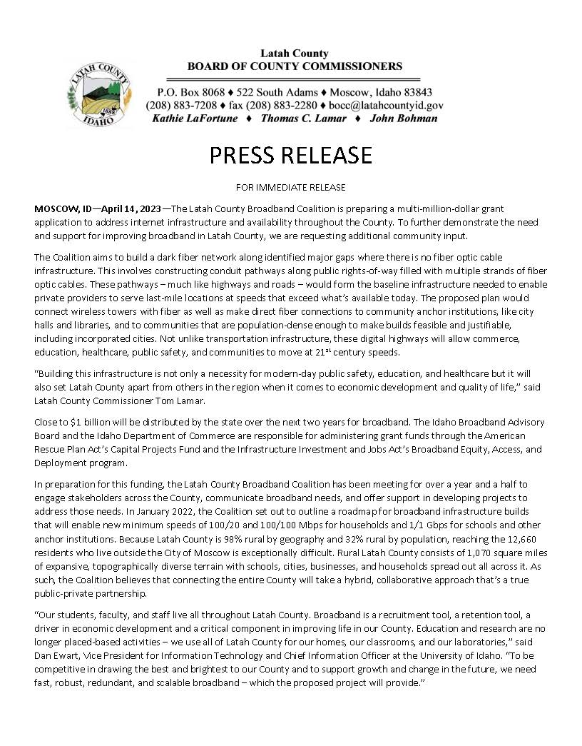 LatahCountyID's tweet photo. The Latah County Broadband Coalition is preparing a multi-million-dollar grant application. To further demonstrate the need and support for improving broadband in Latah County, they are requesting additional community input.
https://t.co/CJ8kfU5UKK https://t.co/cLdt1Bo1tn