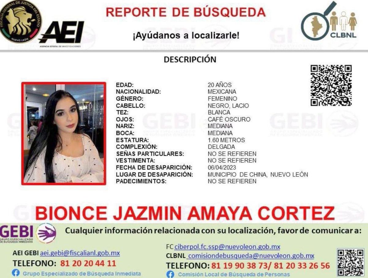i_alaniis's tweet photo. LOCALIZAN CUERPO DE #BionceAmaya DESAPARECIDA EN #NuevoLeón 

Durante cateos de @FiscaliaNL fue encontrado el cuerpo de la joven de 20 años en un domicilio del municipio de General Bravo 

La madre confirma la noticia a @nmas @Foro_TV 

La familia viajaría de EU a NL para la identificación