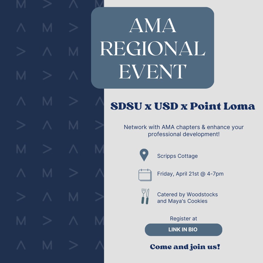 Join us Friday for an exciting conference to meet the USD and Point Loma AMA chapters!

It's going to be a fantastic opportunities to boost your professional development, expand your network, and discover new opportunities within AMA. Pizza &amp; cookies will be provided!