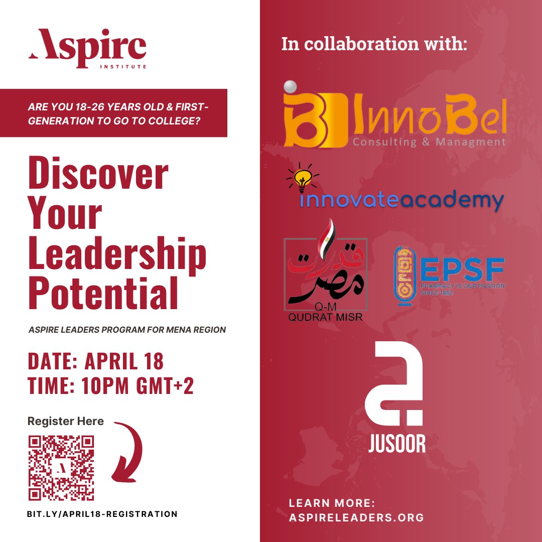aspire_leaders's tweet photo. Join Aspire and our MENA region partners to learn about the importance of leadership development in your academic and professional careers, and how the fully funded Aspire Leaders Program can help you. 

Apply before April 19th at https://t.co/qJuDpXrxO4 today!

#aspireleaders https://t.co/kOAHg2qCSC