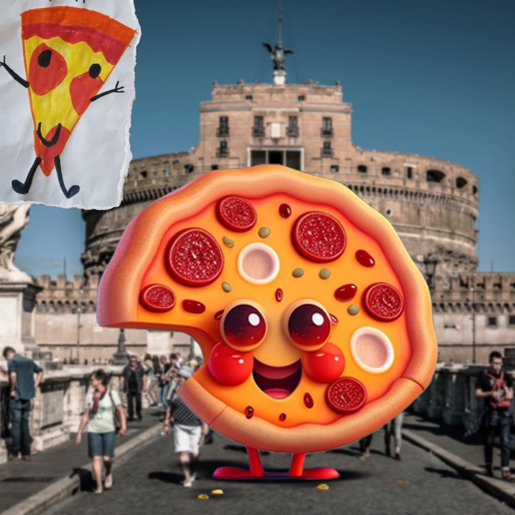 ministudiofilms's tweet photo. Hot and Fresh out of Rome: Meet the Cheesy Superhero that'll satisfy your cravings! 🍕 Drawing by Daria, 11 years old.  #pizza #sketchaday #italianfood #sketchart #visitit  #sweetcreature #plushie #aiimage #disneychannel #monstersofinstagram #kawaiimonster #fluffypack #dalle https://t.co/RlNdaAAya7