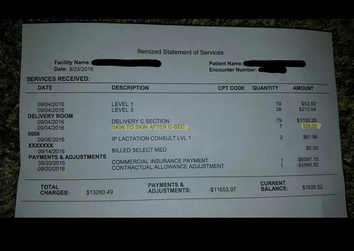 2016  C-section US billing
Page 2 shows total cost $ 13,280

$ 6,087  Insurance paid
$ 5,566 Insurance disc paid

$ 1,626   Bal Due by parent(s) before leaving hospital  £1,310.00

'Skin to skin' $40 to lay a child on mother's chest

#ProtectNHS
#GeneralElectionNow #ToriesOut282