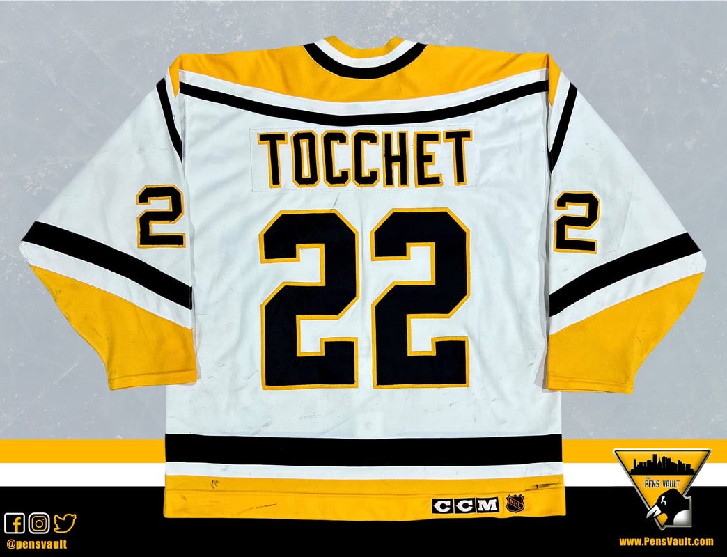 PensVault's tweet photo. Rick Tocchet 1993-94 Home Set 2 Game Worn Jersey. Tocchet wore this jersey for 7 games. He scored 1G &amp; 5A along with 22 PIM’s and 1 fight. #LetsGoPens https://t.co/wtXNc85mcB