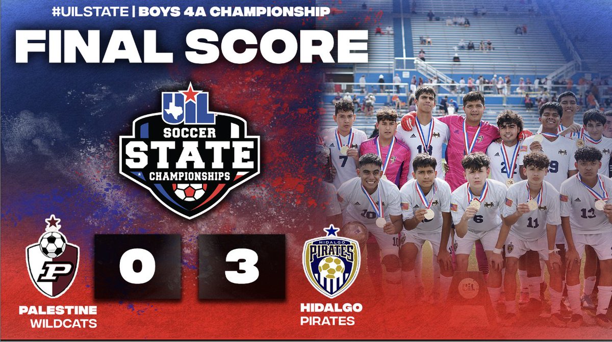 uiltexas's tweet photo. #UILState Boys Soccer 4A Championship Game FINAL SCORE: 

Palestine 0️⃣
Hidalgo Early College 3️⃣

Congratulations to the Pirates on their second UIL Boys Soccer state title! 🏆⚽️ https://t.co/1udlGGJKMW