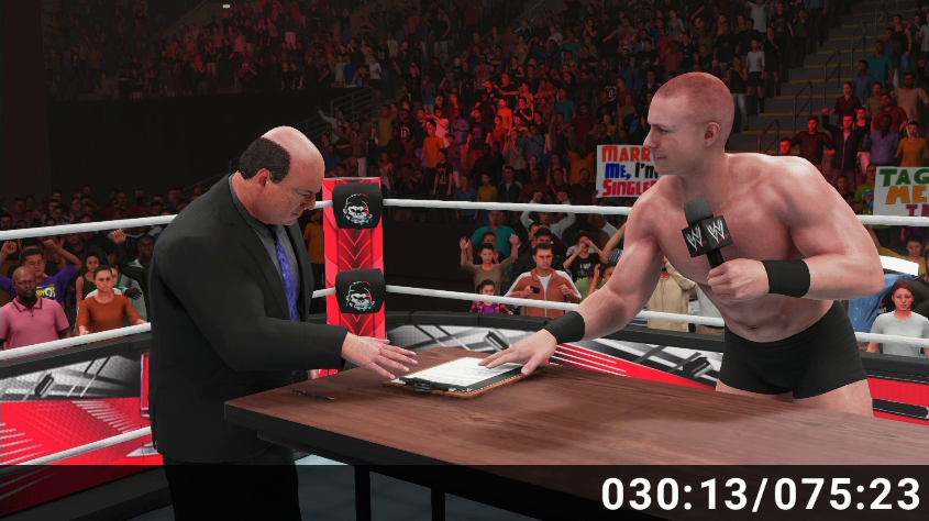 _Squared_Circle's tweet image. Contract signing cutscene from #WWE2K15 Career Mode to #WWE2K19, this table height annoys me for some reason