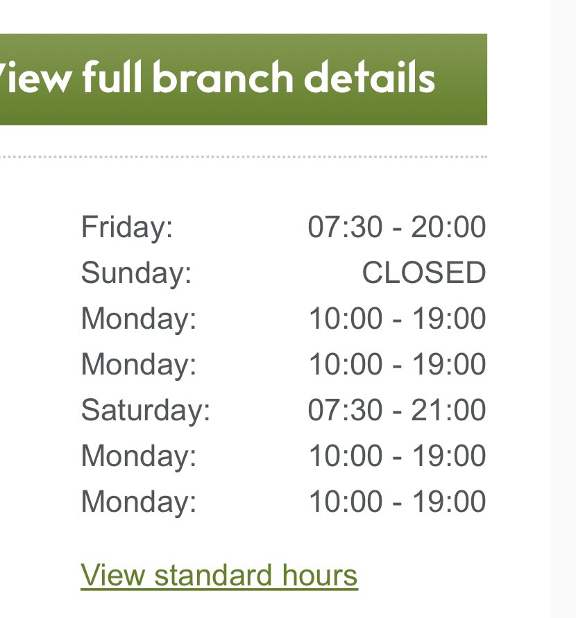 ChrisWapping's tweet image. Dear @waitrose. The seasonal opening hours information on your mobile website has no dates. The list of times looks like it should be for the current week, but then you see Monday, Monday, Saturday, Monday, Monday. You have to guess this is 10 Apr, 1 May, 6 May, 8 May, 29 May.