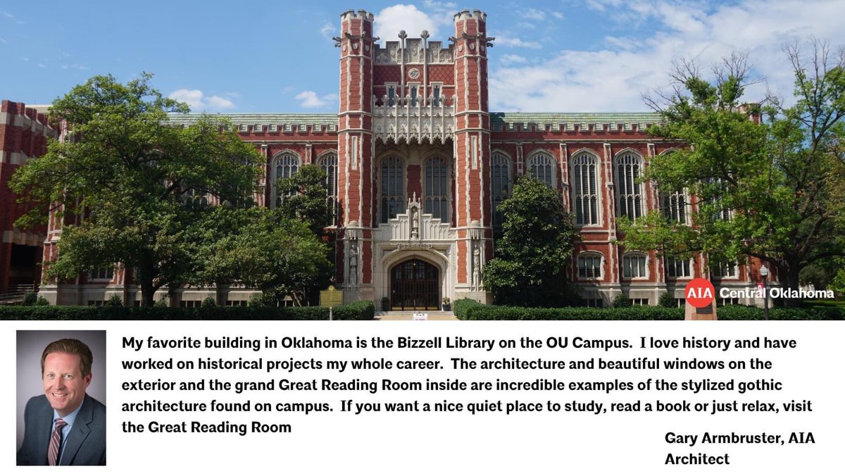 AIACOC's tweet photo. AIA Central Oklahoma President, @ArchitectGary tells us his favorite building. Have you been to the Bizzell Library on the OU Campus? What's your favorite building in Oklahoma? #archweek23 #CelebrateArchitecture #architects #architecture #okc https://t.co/UWwCyIrAfc