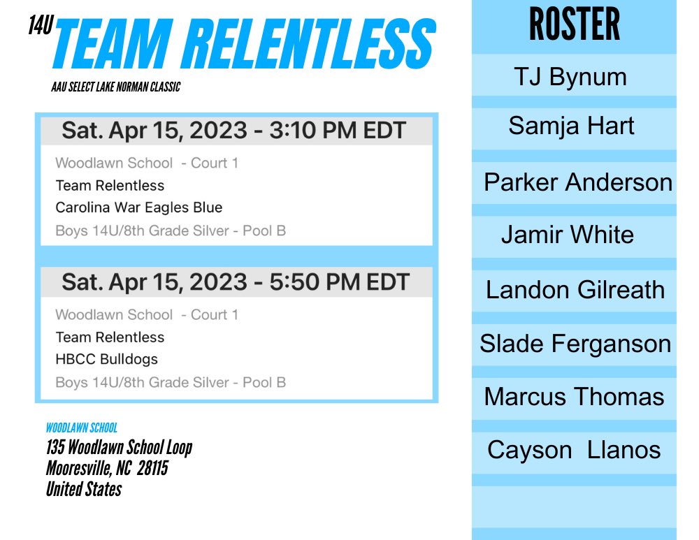 RelentlessBbal's tweet photo. @NCAAU AAU SELECT LAKE NORMAN CLASSIC SCHEDULE https://t.co/MBLJjTgKS3