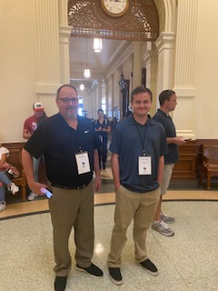 LDB_SocSt's tweet photo. LD Bell Senior Ryan Little and his dad tour the Capitol and the Texas Supreme Court before tomorrow's competition. Ryan is competing with 19 other regional winners to be the next Texas Citizen Bee Champ. Good luck, Ryan! #BELLieve #historymatters #blueraiders #citizenbee https://t.co/EwzVwXuOwH