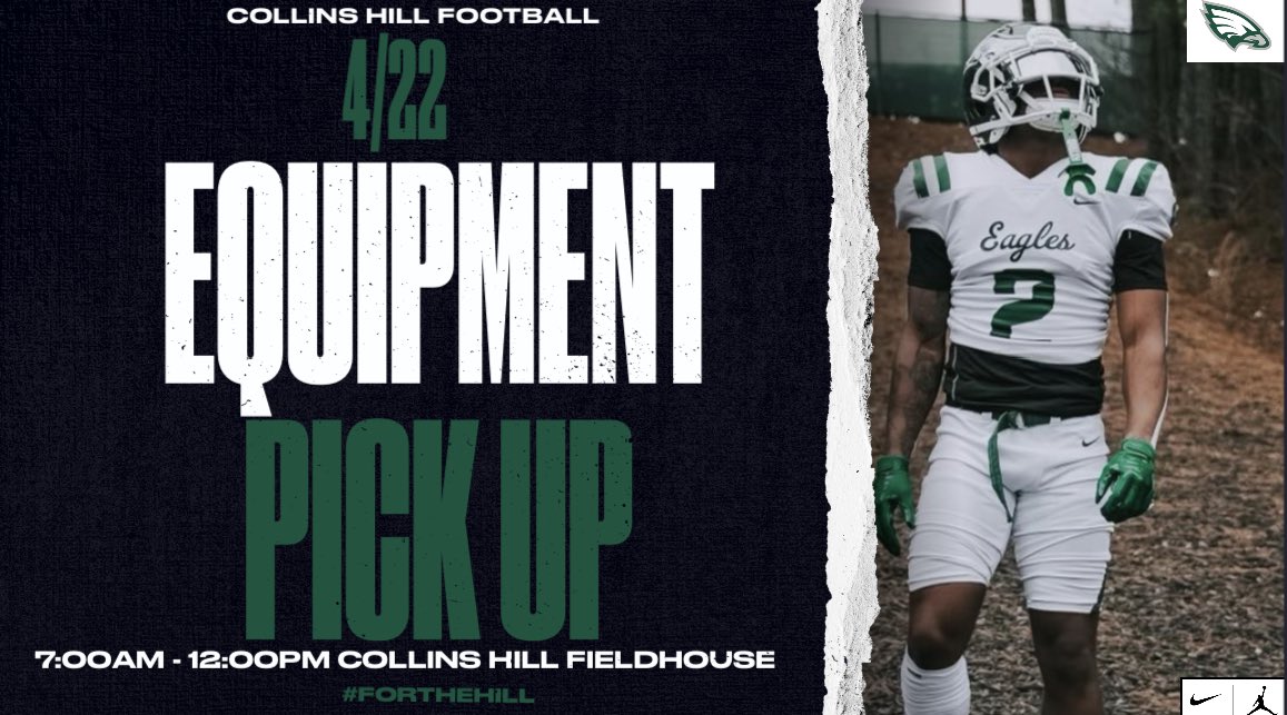 Correction…. Ok Eagle Nation. It’s that time. Our equipment pickup will be 4/22 from 7AM-12PM in our field house. Look forward to seeing everybody there #FORTHEHILL