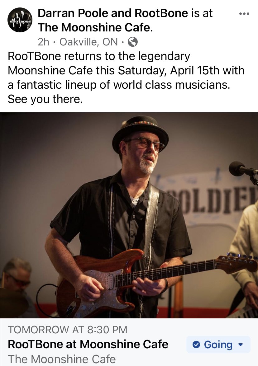 SAT APR 15th @ 8:30 pm. RooTBone returns to the legendary Moonshine Cafe in Oakville.
Reservations recommended:  905-844-2655
See you there.