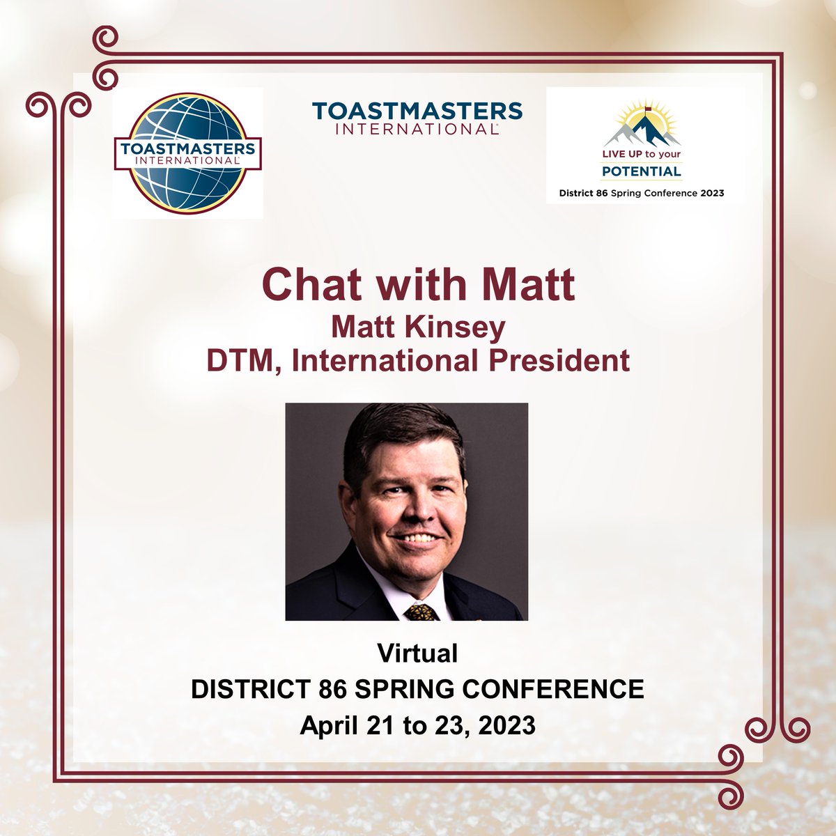 Toastmasters86 (@toastmasters86) on Twitter photo Chat with Matt after the International #Speech #contest on Saturday evening. Ask our International #President <a href="/mattkinsey/">Matt Kinsey</a> any prudent questions on your mind. #toastmasters #communication Chat with Matt after the International #Speech #contest on Saturday evening. Ask our International #President <a href="/mattkinsey/">Matt Kinsey</a> any prudent questions on your mind. #toastmasters #communication