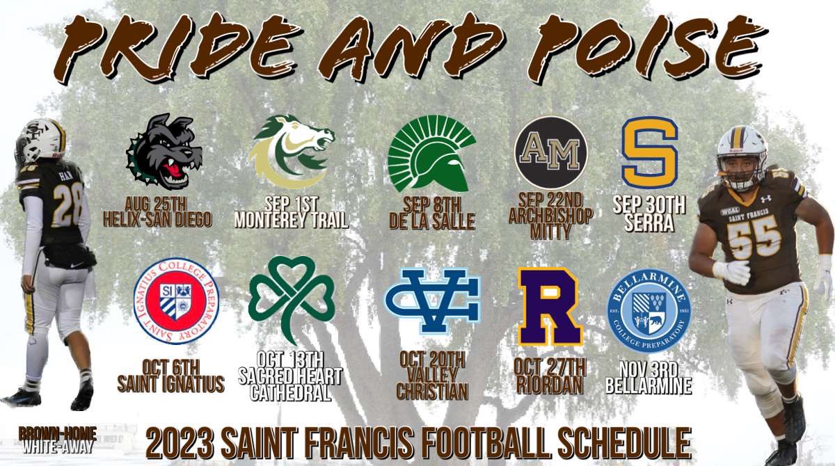 stfrancis_fb's tweet photo. The 2023 Varsity Football Schedule is here. Thanks @ChrisHan2024 and @STonga15 for making the graphic https://t.co/p2dHzmfdiq