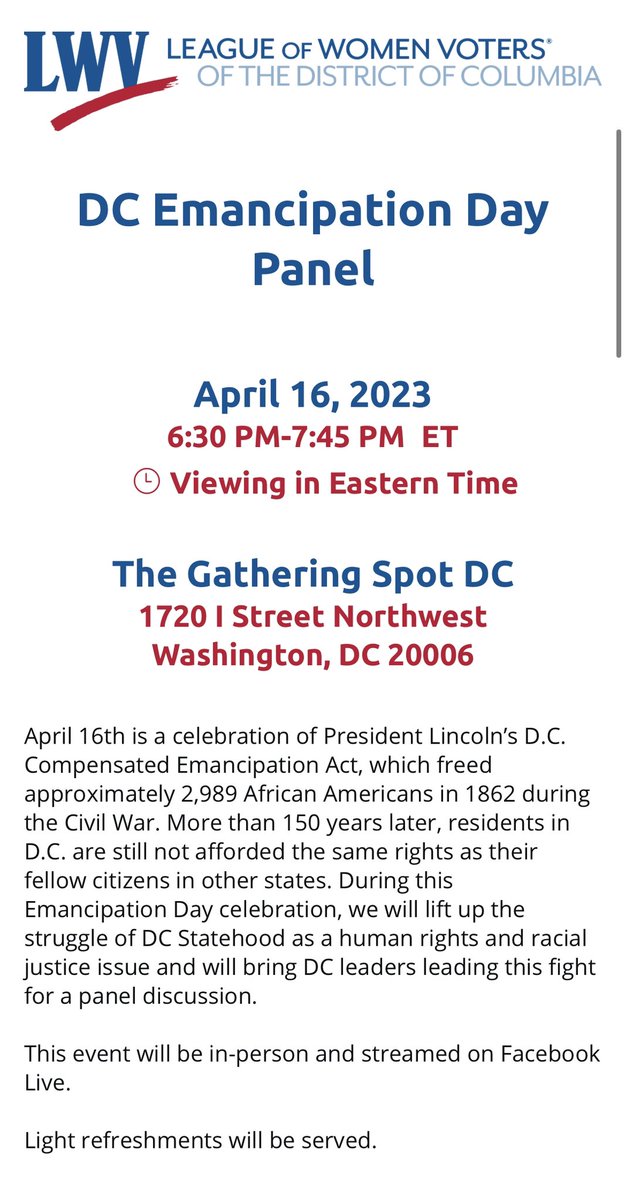 FreeinDCBlog's tweet photo. Learn more about the fight for #DCStatehood at the DC Emancipation Panel with @LWV @DCVote and others Sunday 4/16, 6:30pm-7:45pm livestream online
or attend in person at The Gathering Spot DC
1720 I St NW. #DCVote Welcome remarks by @EleanorNorton RSVP: https://t.co/ngBrSABprO https://t.co/pqSDwyWyPR