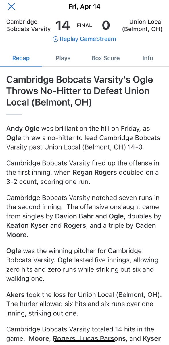 CHSOHbaseball's tweet photo. Big win tonight at UL 14-0 @andyogle with his first career no hitter! Bobcats move to 7-2 on the year #KeepItRollin #TEAM https://t.co/WmUnOM2YzX