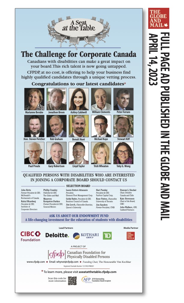 Wow, I made today's @globeandmail. Part of @cffpdp #ASeatAtTheTable' social change initiative to increase #DisabilityRepresentation on #CorporateBoards. Everyone is temporarily abled. You'll experience disability one day. Here's profile:  bit.ly/3ZI3Lfx  #CFPDP