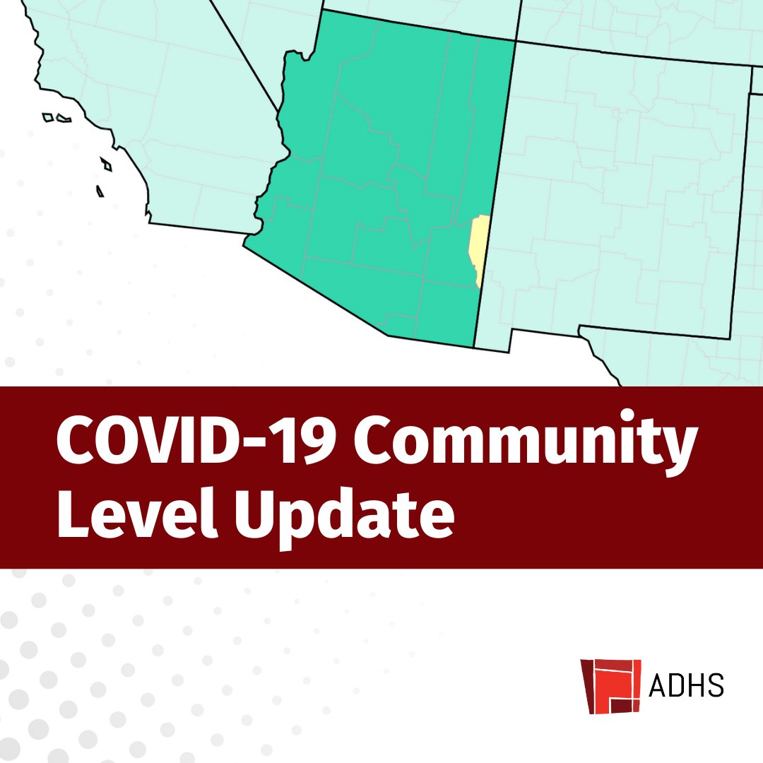 AZDHS's tweet photo. Updated CDC #COVID19 community levels are high in one Arizona county, meaning masks are recommended in public indoor settings. 😷

#StaySafe and learn more about your county’s community level and associated recommendations: https://t.co/tHpLfkqUoF https://t.co/ecMGuiRyME