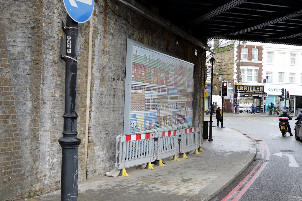 FurnerStephen's tweet photo. The Bruce Grove Bridge mosaic was installed today.  The designer Anna Nicolo says it ". . . celebrates the stories, places, people and rich history of Bruce Grove by having them all represented in an ideological map of the area . . ." @HaringeyCP @haringeycouncil @BBCLondonNews https://t.co/t0hRM5AQFg