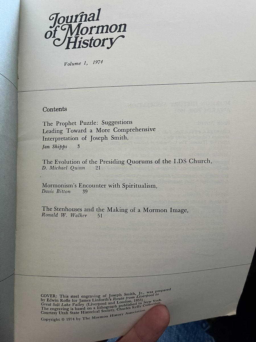 jwstone's tweet photo. What a cool find I had today at the local thrift store! The Murray DI had the first ten issues of @JMH_Journal (Journal of Mormon History) bundled for $10. Excellent score for any #mormonstudies nerd. The inaugural issue (see pic) had a pretty stacked list of contributors. https://t.co/zUZ69GFX1p