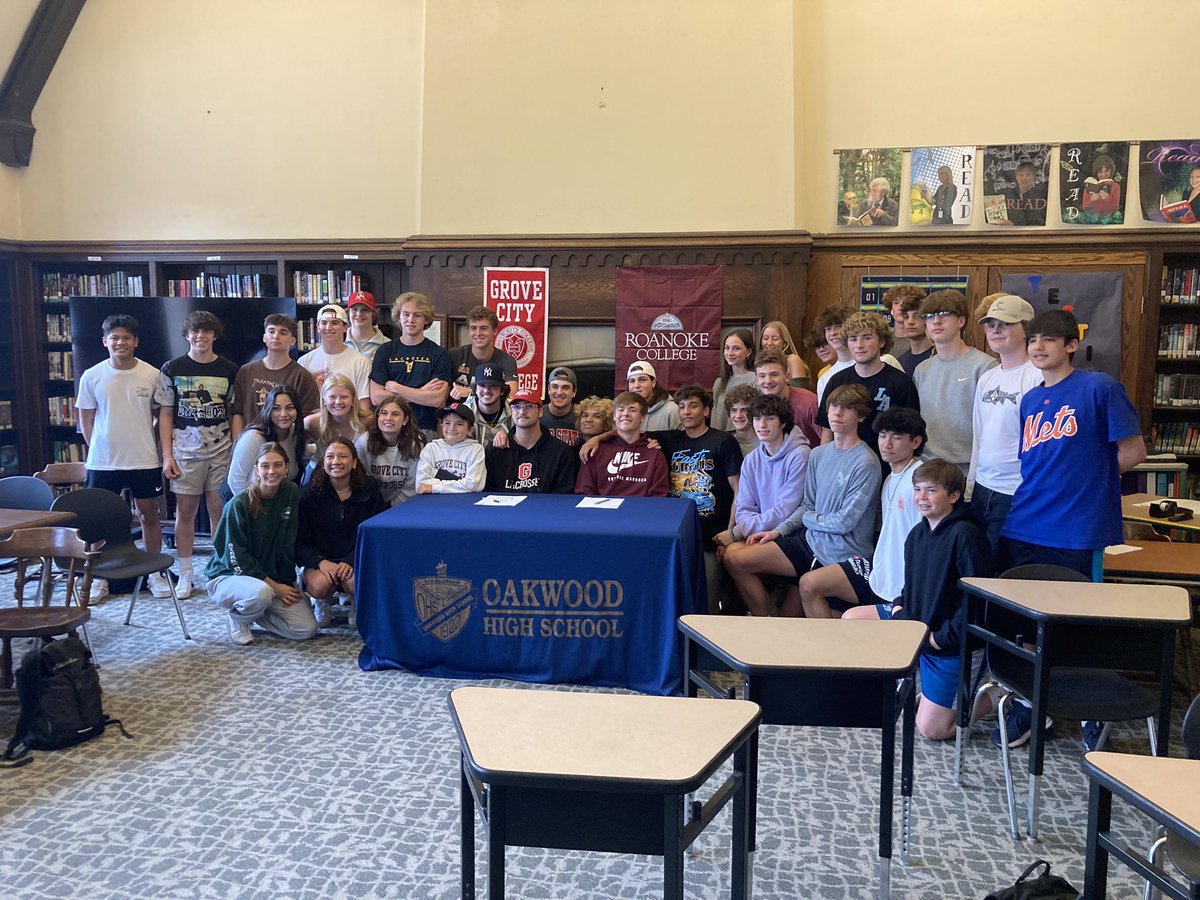 OakwoodLacrosse's tweet photo. Congratulations to Nate Clark and Max Parker on their signing ceremony today. Nate will be attending Grove City College and Max will be attending Roanoke College next year! https://t.co/ub3mzTltlu