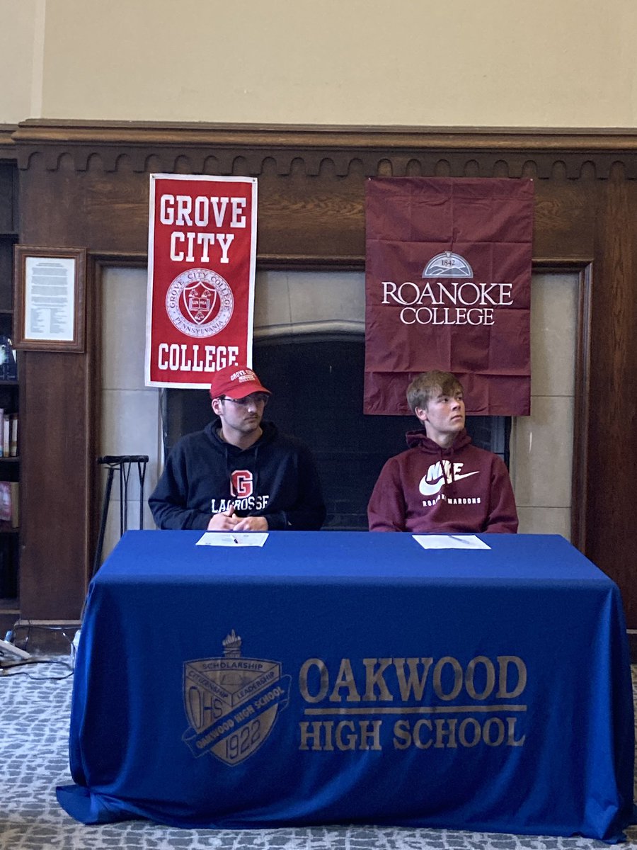 OakwoodLacrosse's tweet photo. Congratulations to Nate Clark and Max Parker on their signing ceremony today. Nate will be attending Grove City College and Max will be attending Roanoke College next year! https://t.co/ub3mzTltlu