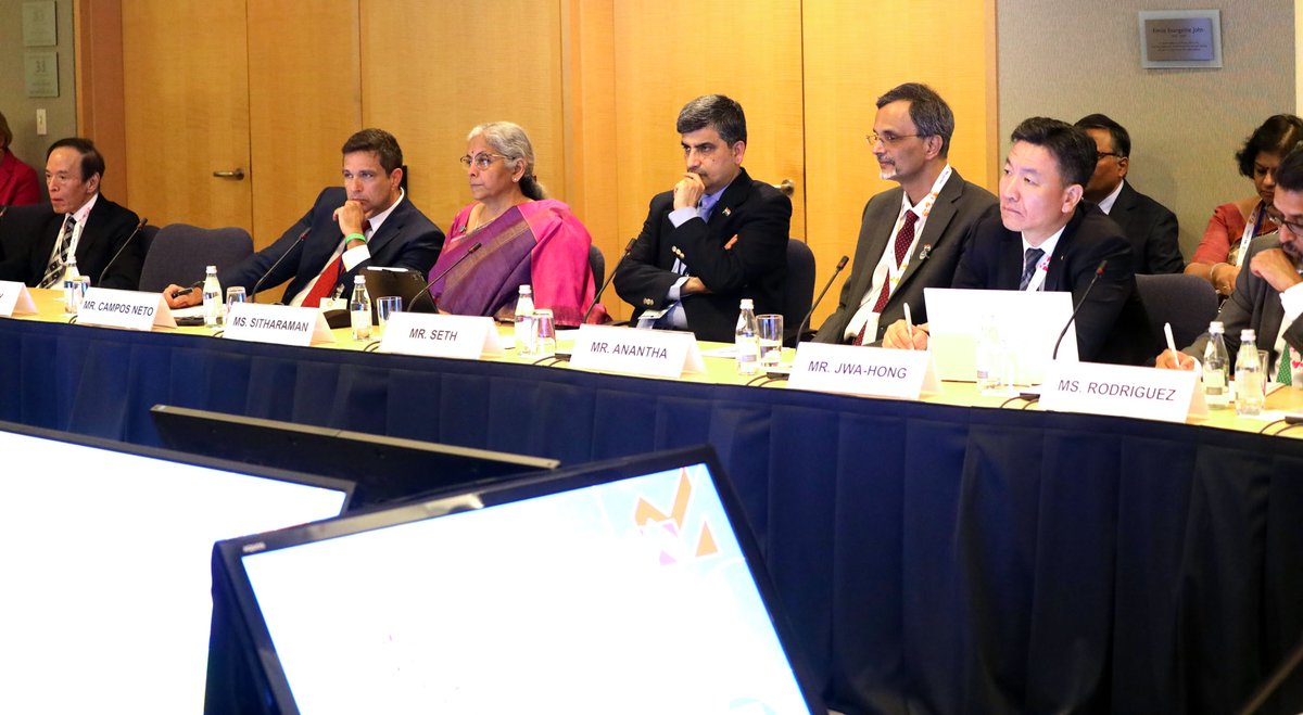 Union Finance Minister Smt @nsitharaman attended a brainstorming session on  “Macrofinancial Implications of Crypto Assets” with #G20 Finance Ministers  and Governors at the IMF Headquarters, in Washington DC, today. (1/5)